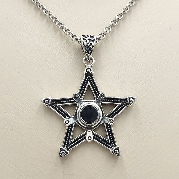 Stainless Steel Five Point Star Pendant with Black Crystal Necklace - Picture 2 of 6